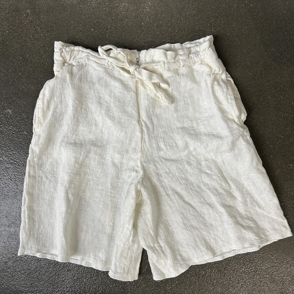 Vintage Linen Shorts Womens Medium White Paperbag Waist Tie Front Relaxed Fit